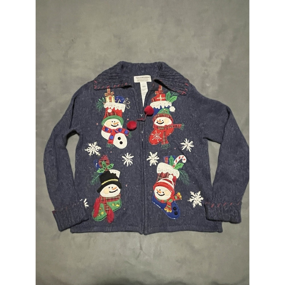 VTG Tiara International Christmas Sweater Womens Blue Size Medium Snowman